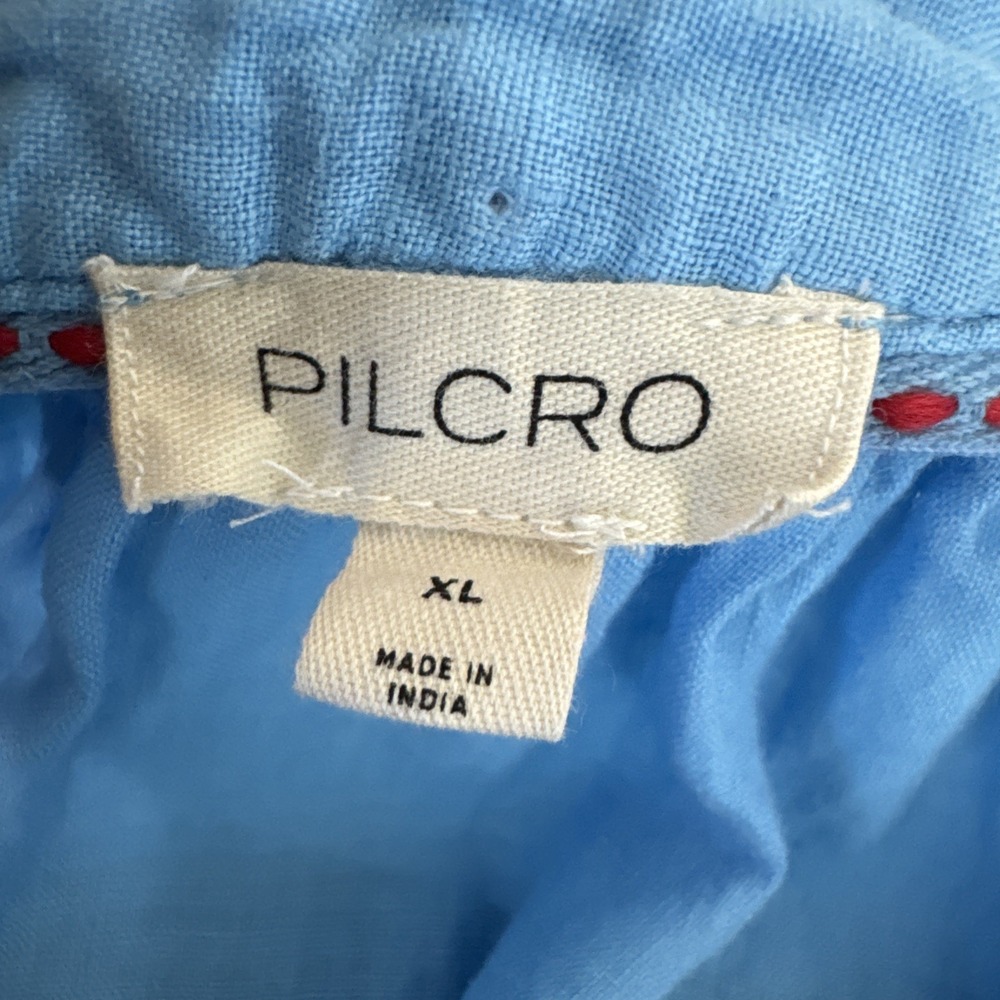 Pilcro Women's Fitted XL SS Ruffle Linen Popover Blouse Blue EUC - Picture 10 of 13